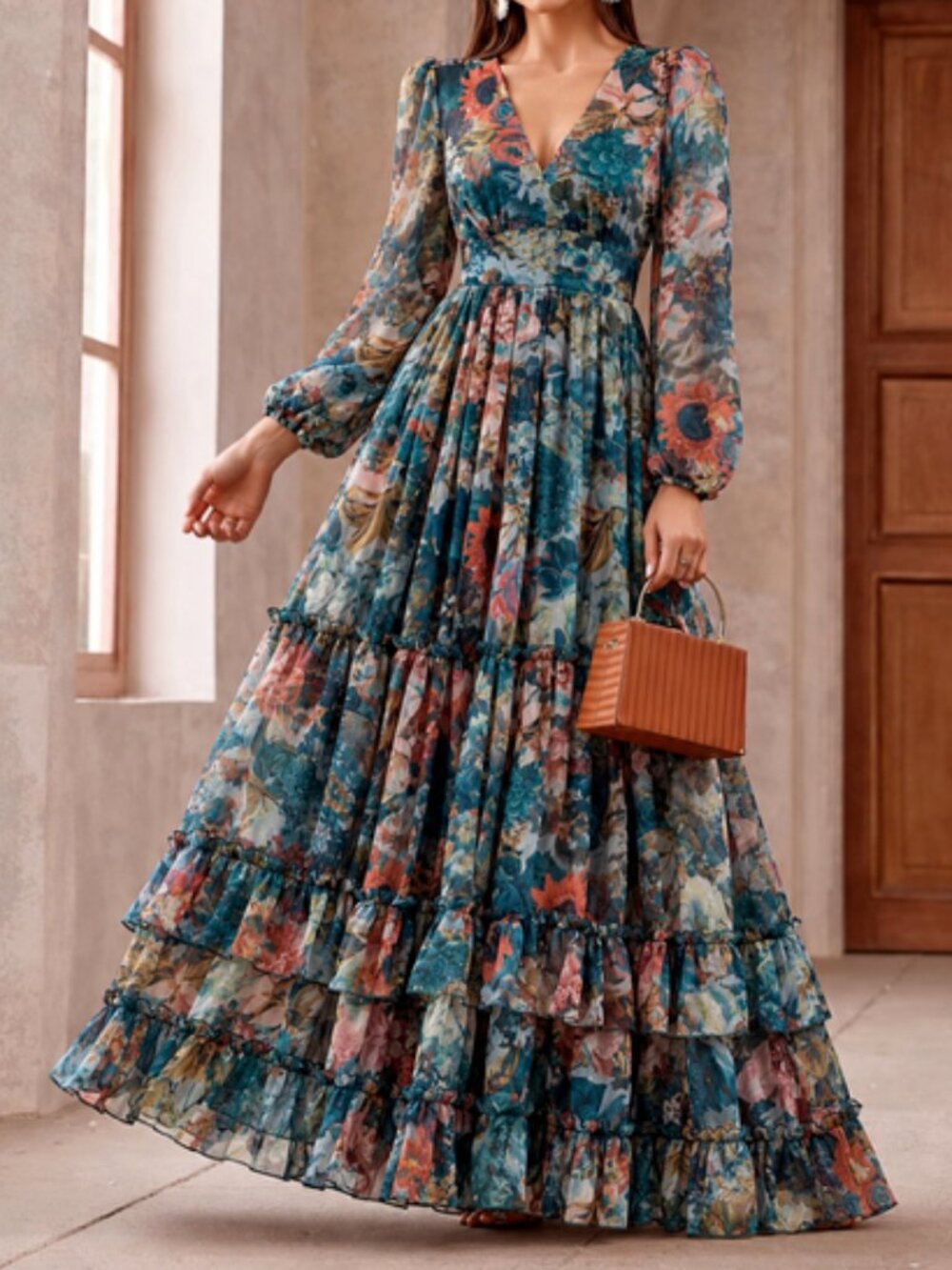 Floral Long Sleeve Tiered Flowy Maxi Dress Size XL NWT